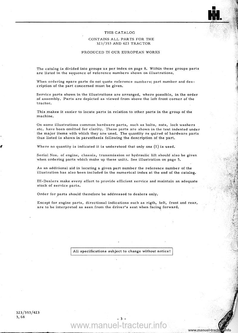 Extrait de la notice technique - Catalogue de pièces détachées des tracteurs Mc Cormick International IH 323 353 423