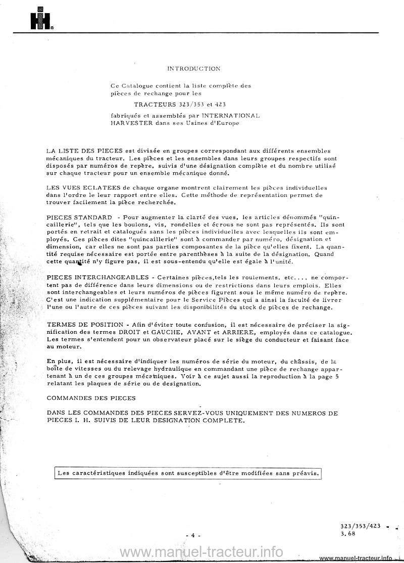 Dernière page de l'aperçu du Catalogue de pièces détachées des tracteurs Mc Cormick International IH 323 353 423
