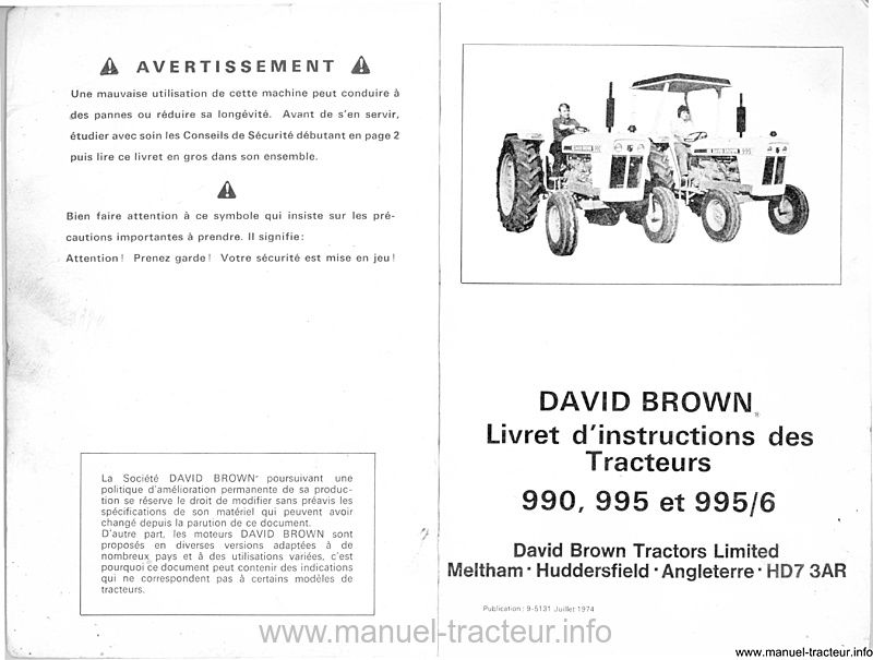 Page 1 du sommaire - Livret d'instructions tracteurs David Brown 990, 995 et 995/6