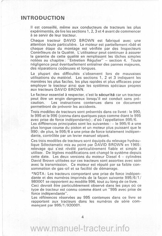 Dernière page de l'aperçu du Livret d'instructions tracteurs David Brown 990, 995 et 995/6