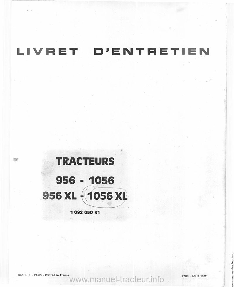 Page 1 du sommaire - Livret d'entretien tracteur International 956 1056 XL