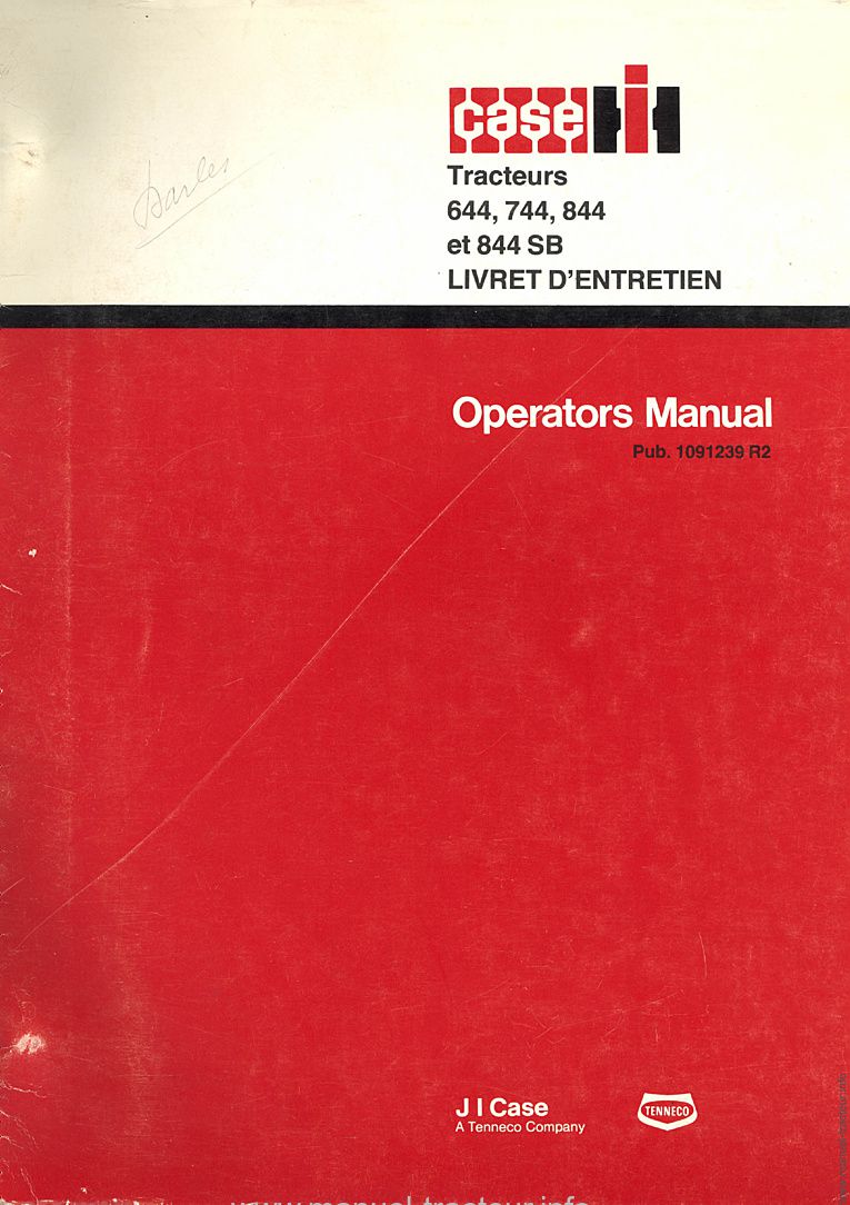 Première page de la revue technique - Livret d'instructions tracteurs International case 644, 744, 844 et 844 SB