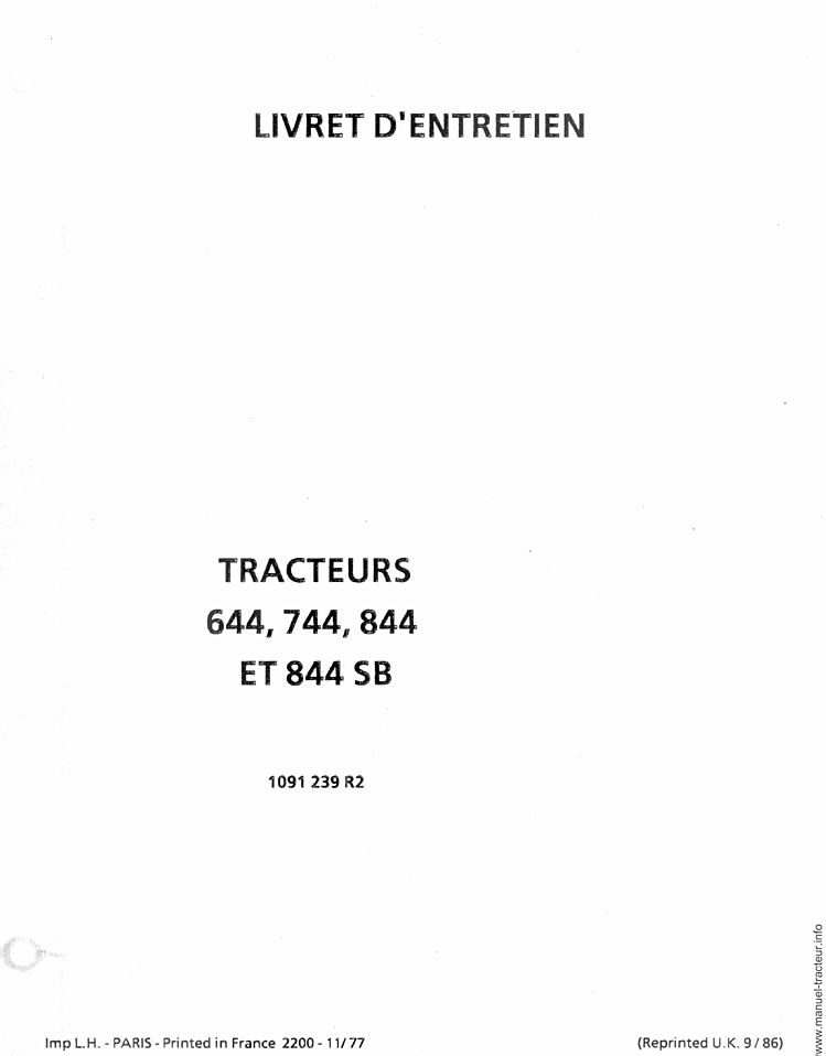Page 1 du sommaire - Livret d'instructions tracteurs International case 644, 744, 844 et 844 SB