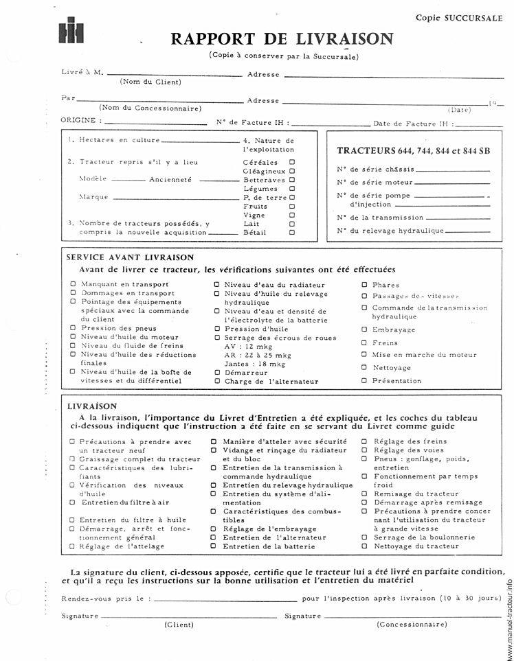 Extrait du guide de réparation - Livret d'instructions tracteurs International case 644, 744, 844 et 844 SB