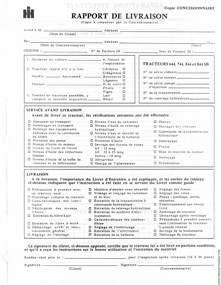 Dernière page de l'aperçu du Livret d'instructions tracteurs International case 644, 744, 844 et 844 SB