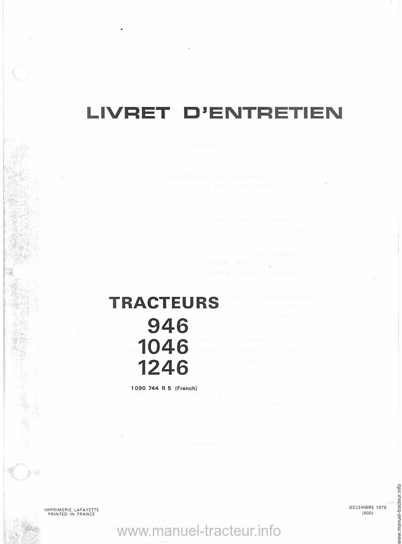 Deuxième page du Livret entretien INTERNATIONAL CASE IH 946 1046 1246