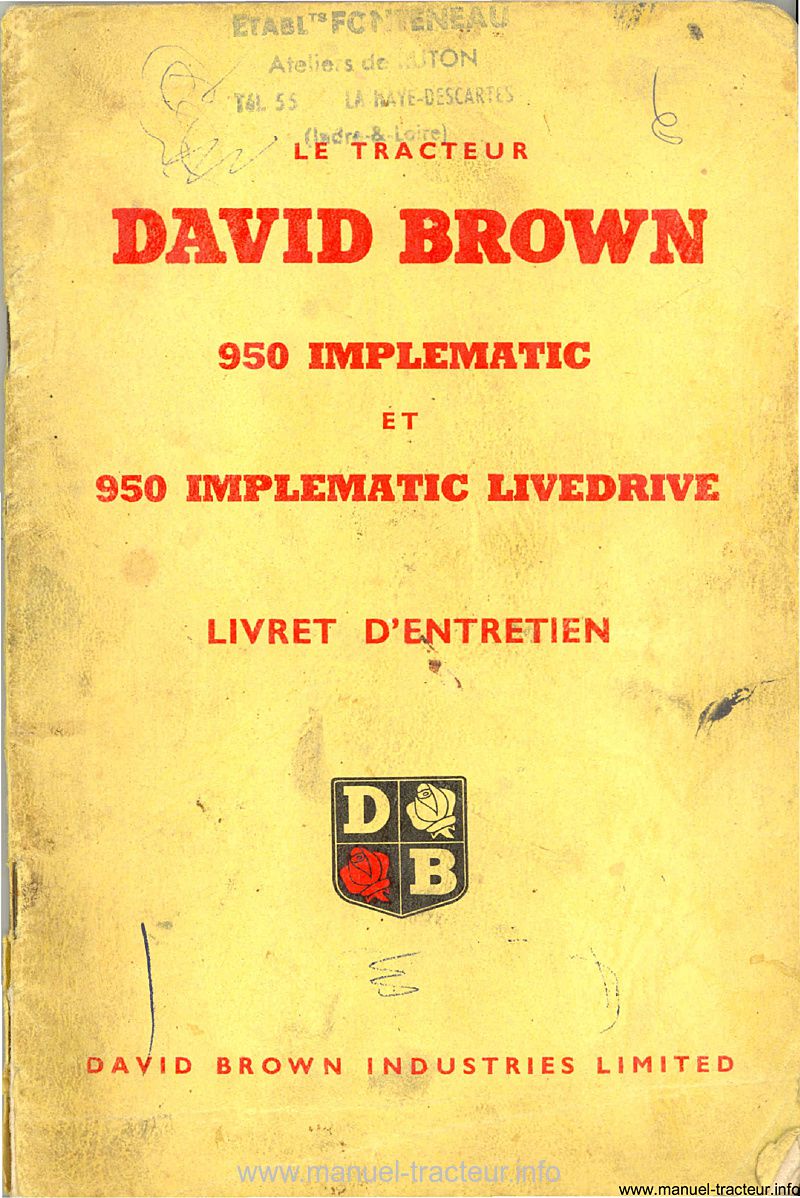 Première page de la revue technique - Livret d'instructions tracteurs David Brown 950 Implematic / LiveDrive