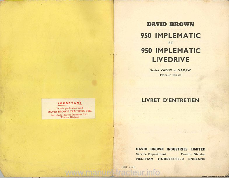 Page 1 du sommaire - Livret d'instructions tracteurs David Brown 950 Implematic / LiveDrive