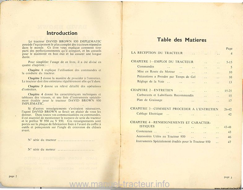 Page 2 du manuel d'atelier - Livret d'instructions tracteurs David Brown 950 Implematic / LiveDrive