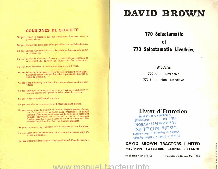 Page 1 du sommaire - Livret d'entretien des tracteurs David Brown 770 Selectamatic et Selectamatic Drive