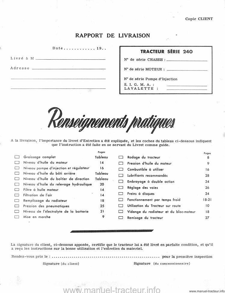 Extrait du guide de réparation - Livret entretien Farmall F-240