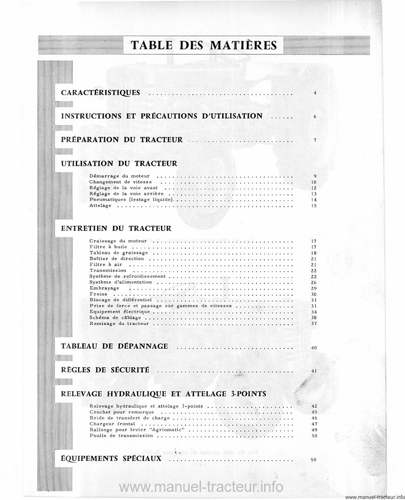 Page 1 du sommaire - Livret entretien IH D-432 D-439