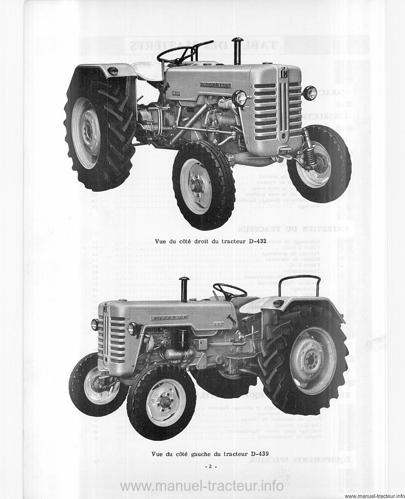 Page 2 du manuel d'atelier - Livret entretien IH D-432 D-439