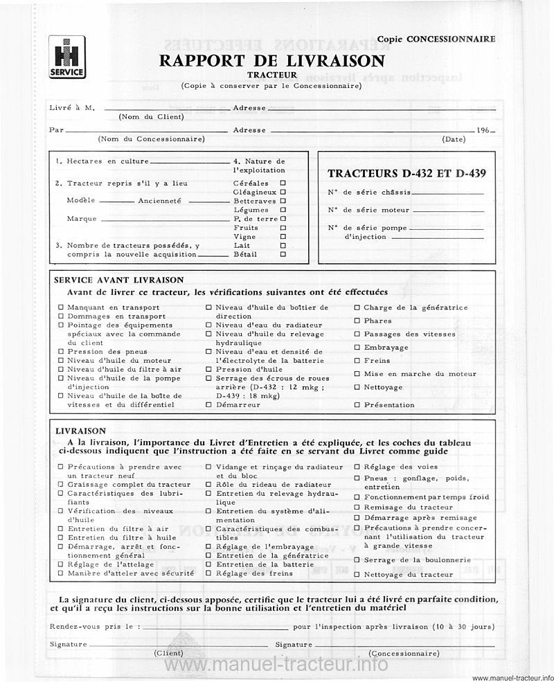 Extrait du guide de réparation - Livret entretien IH D-432 D-439