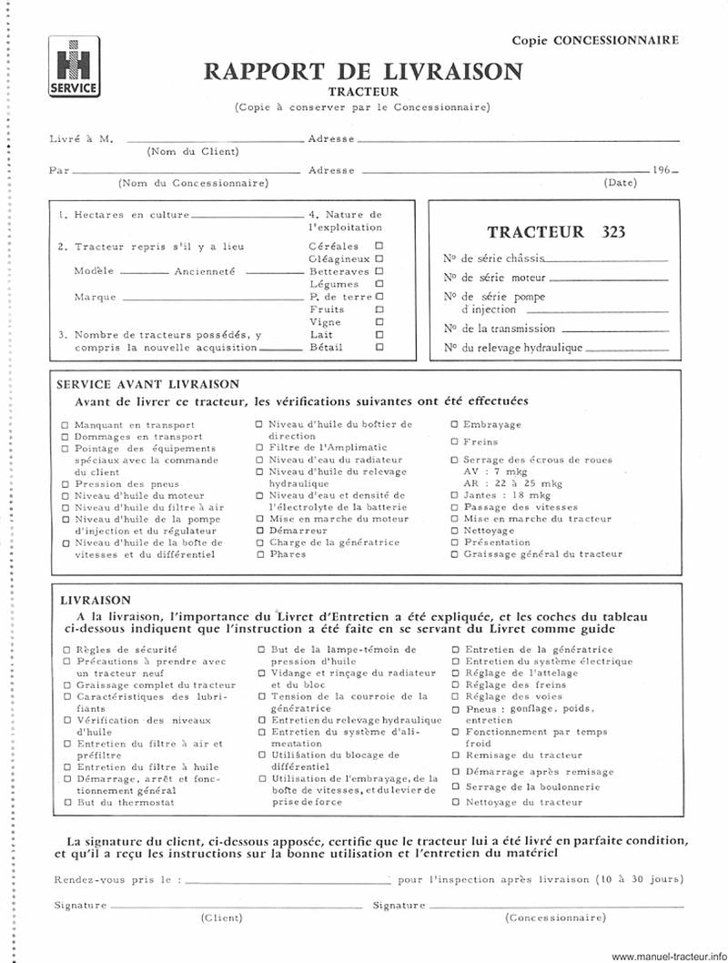 Extrait du guide de réparation - Livret d'entretien IH 323