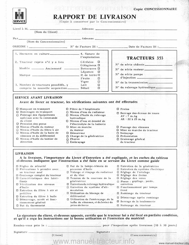 Extrait du guide de réparation - Livret entretien IH 353