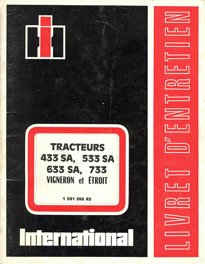 Première page de la revue technique - Livret d'entretien IH 433 SA, 533 SA, 633 SA, 733 vigneron et étroit