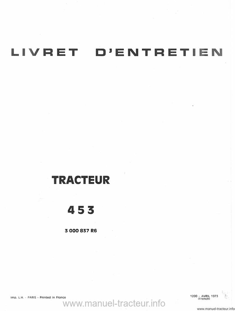 Page 1 du sommaire - Livret d'entretien IH 453