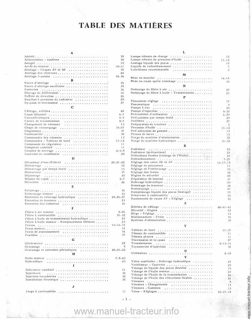 Page 1 du sommaire - Livret d'entretien du tracteur MC Cormick International Diesel 523 624