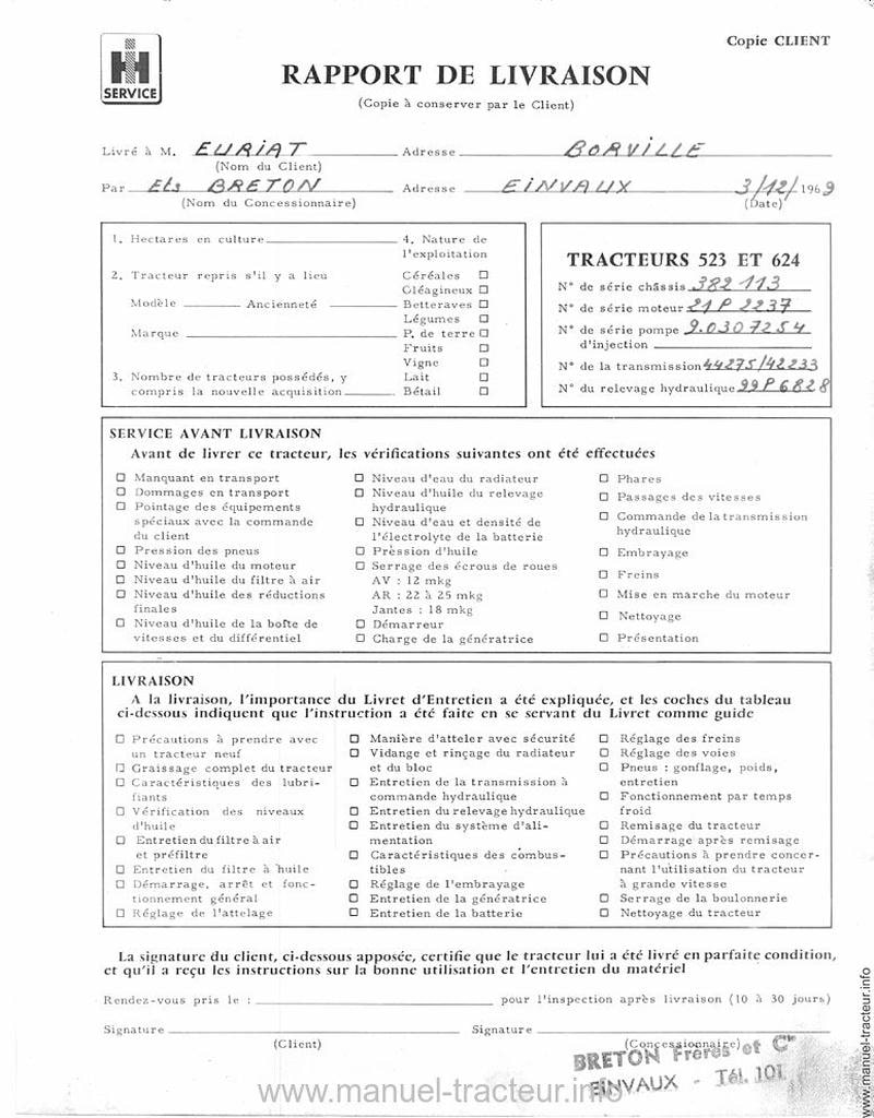 Extrait du guide de réparation - Livret d'entretien du tracteur MC Cormick International Diesel 523 624