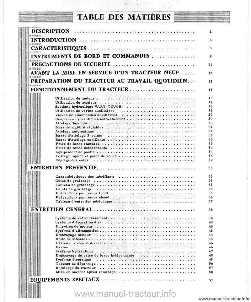 Page 1 du sommaire - Livret d'entretien du tracteur MC Cormick International Diesel 634