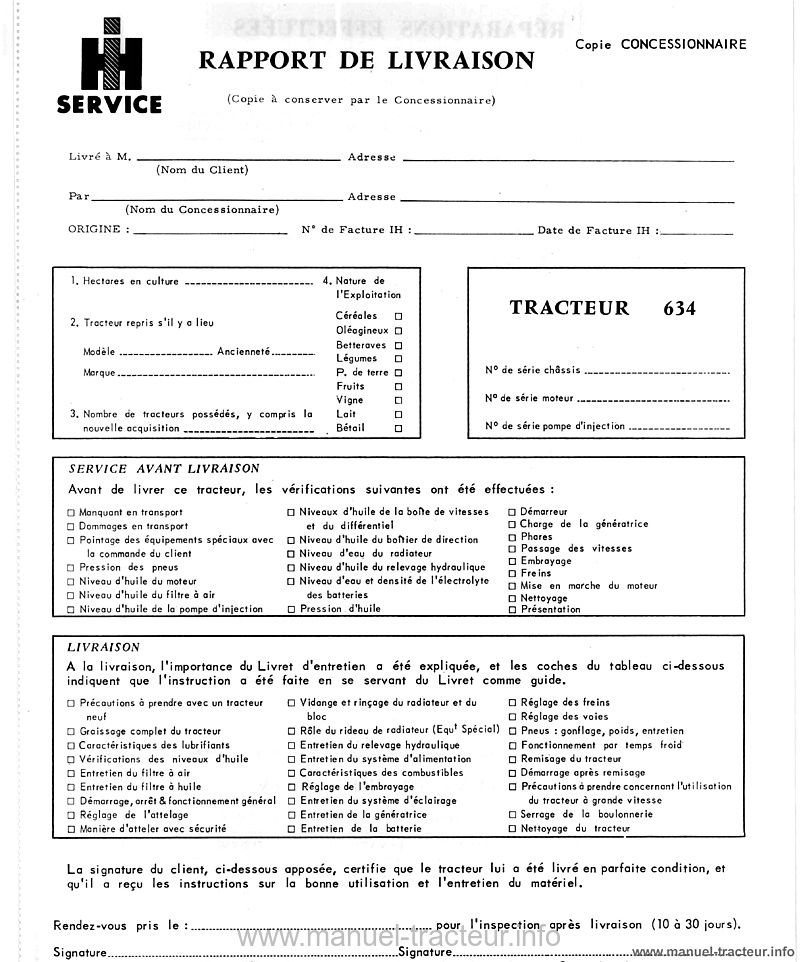Extrait du guide de réparation - Livret d'entretien du tracteur MC Cormick International Diesel 634