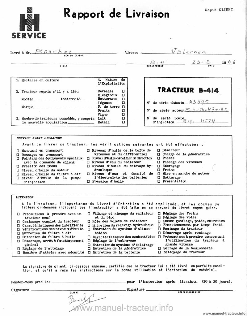 Extrait du guide de réparation - Livret d'entretien tracteur MC Cormick B-414