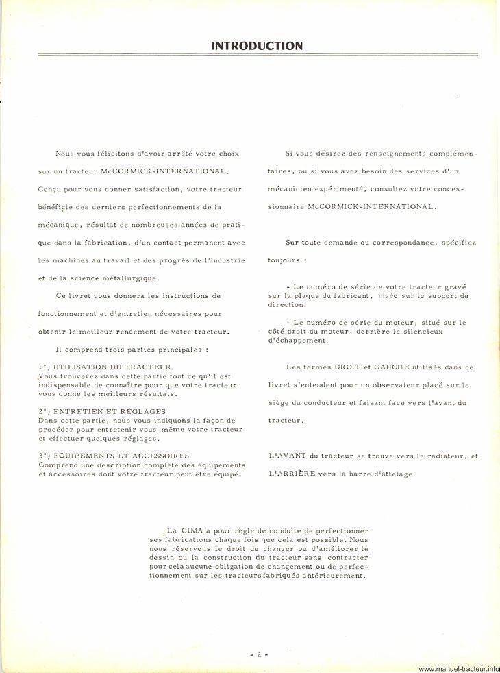 Page 2 du manuel d'atelier - Livret entretien IH MC Cormick 265