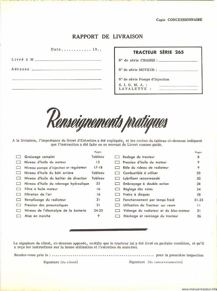 Extrait du guide de réparation - Livret entretien IH MC Cormick 265