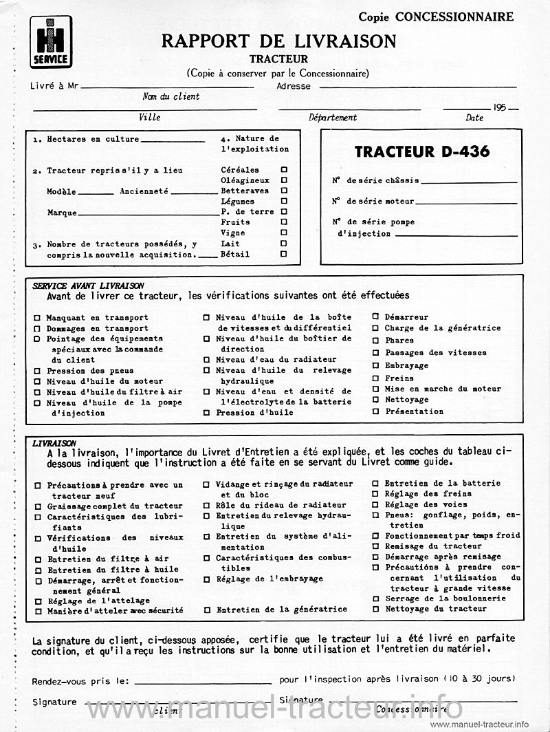 Page 1 du sommaire - Livret d'entretien tracteur Mc Cormick International D-436
