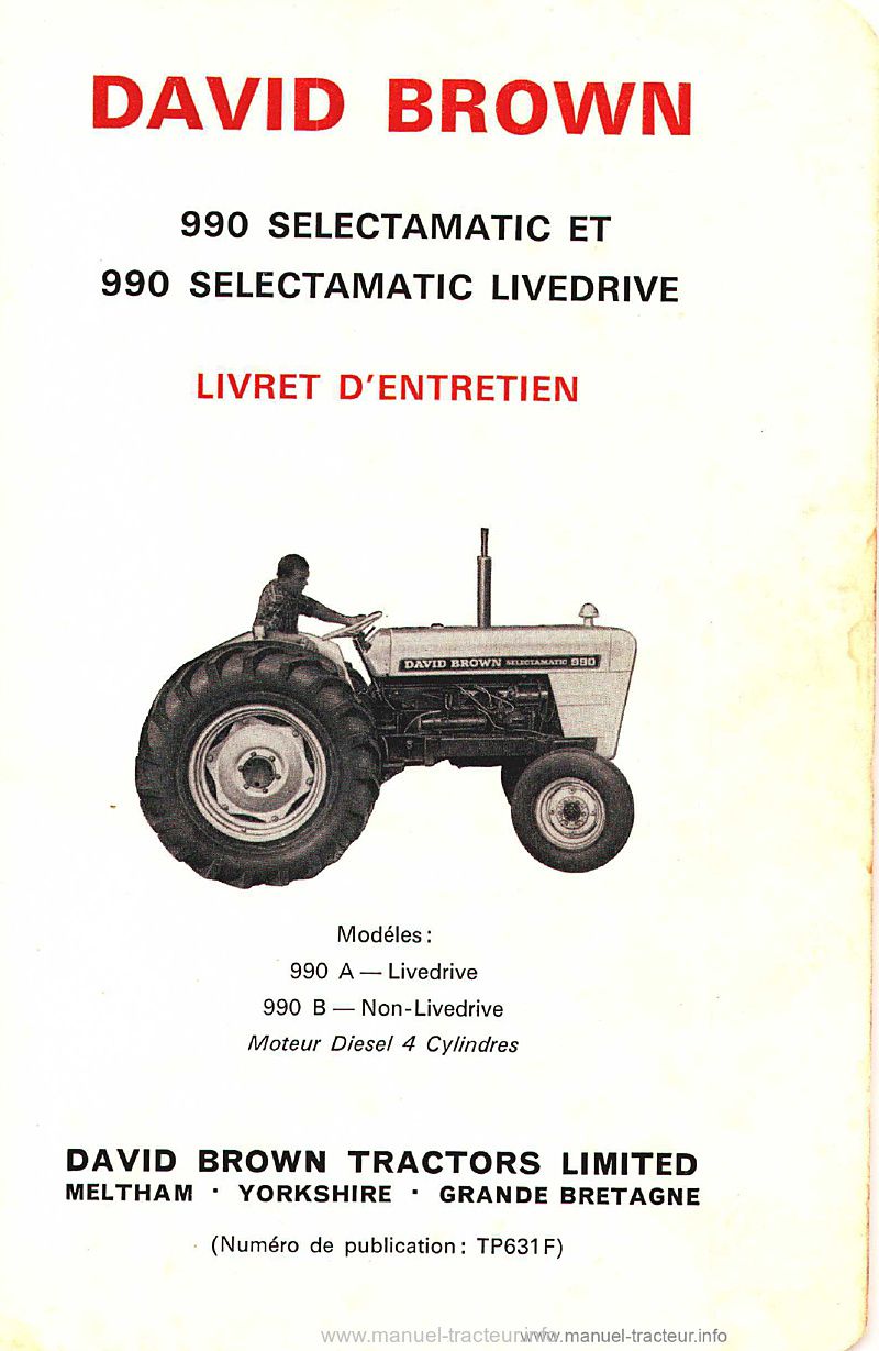 Page 2 du manuel d'atelier - Livret d'instructions tracteur David Brown 990 Selectamatic et Livedrive