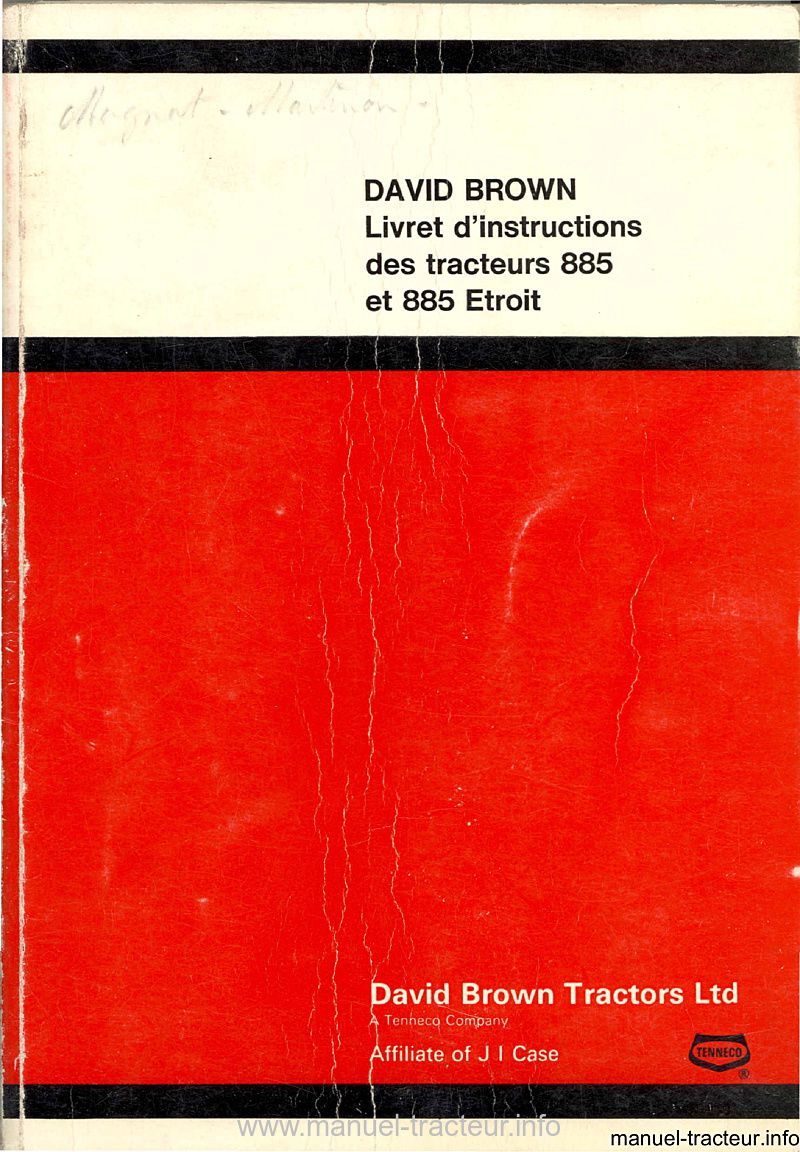 Première page de la revue technique - Livret d'instructions tracteurs david brown 885 et 885 Etroit