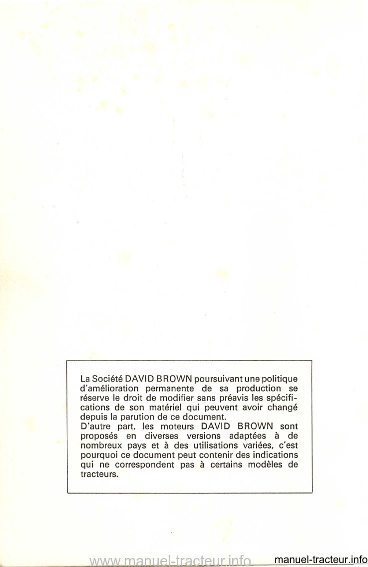 Page 1 du sommaire - Livret d'instructions tracteurs david brown 885 et 885 Etroit