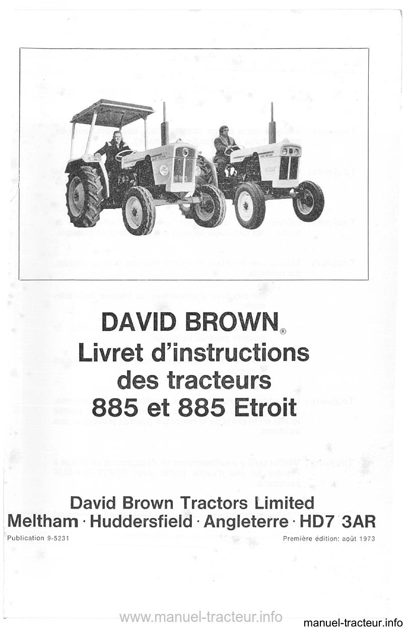 Page 2 du manuel d'atelier - Livret d'instructions tracteurs david brown 885 et 885 Etroit