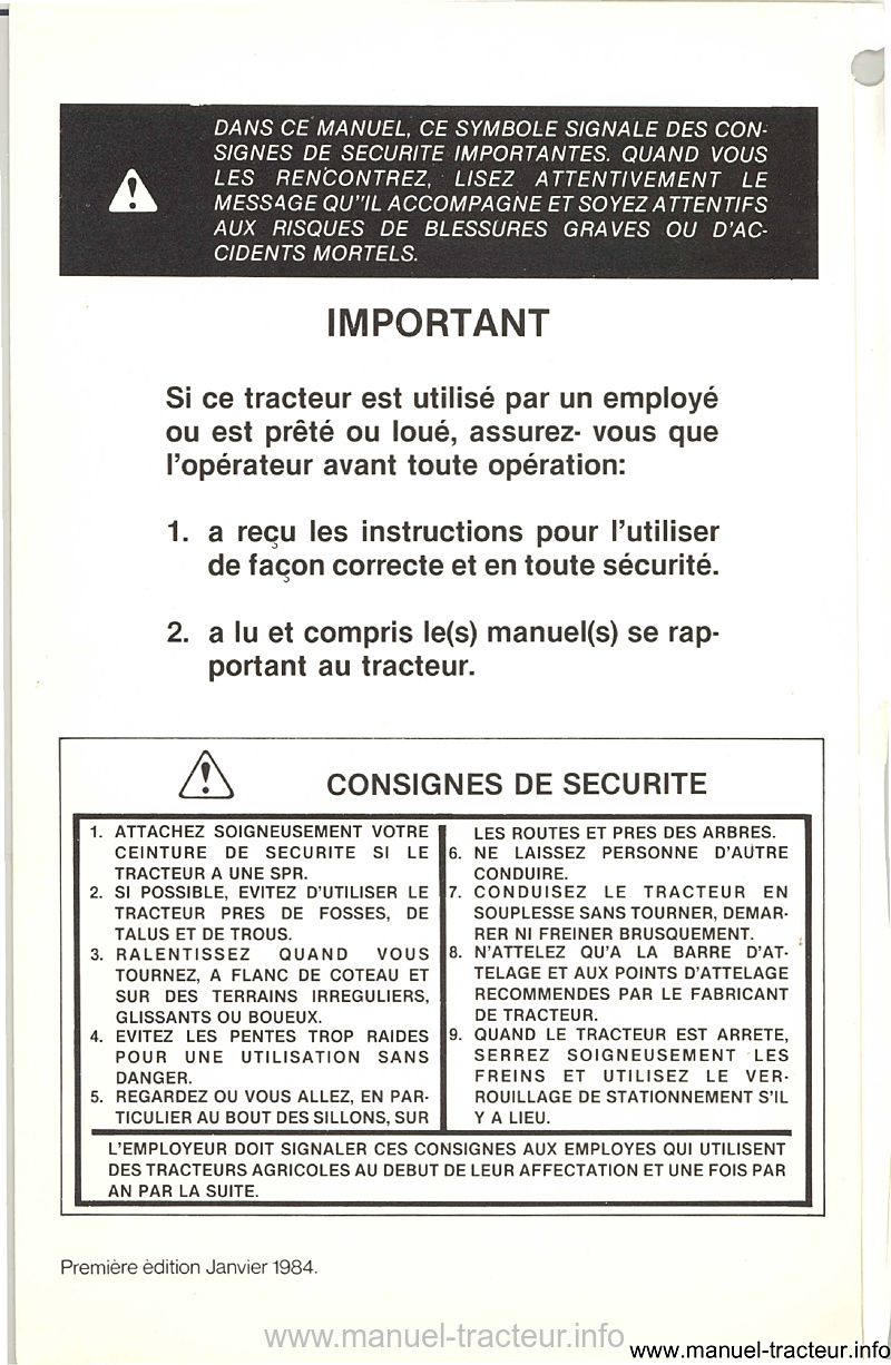 Page 1 du sommaire - Manuel d'utilisation tracteur CASE 1494