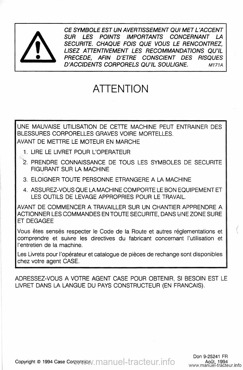 Troisième page du Manuel conducteur CASE 580 SK