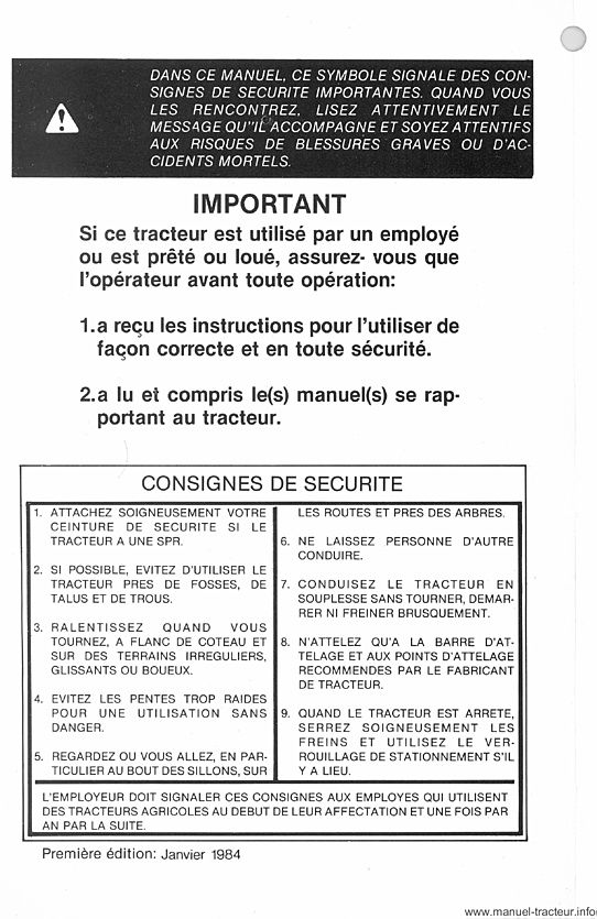 Page 1 du sommaire - Manuel d'utilisation tracteur CASE 1194