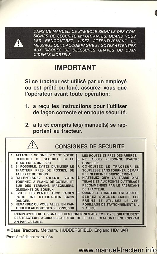 Page 1 du sommaire - Manuel d'utilisation tracteur CASE 1594