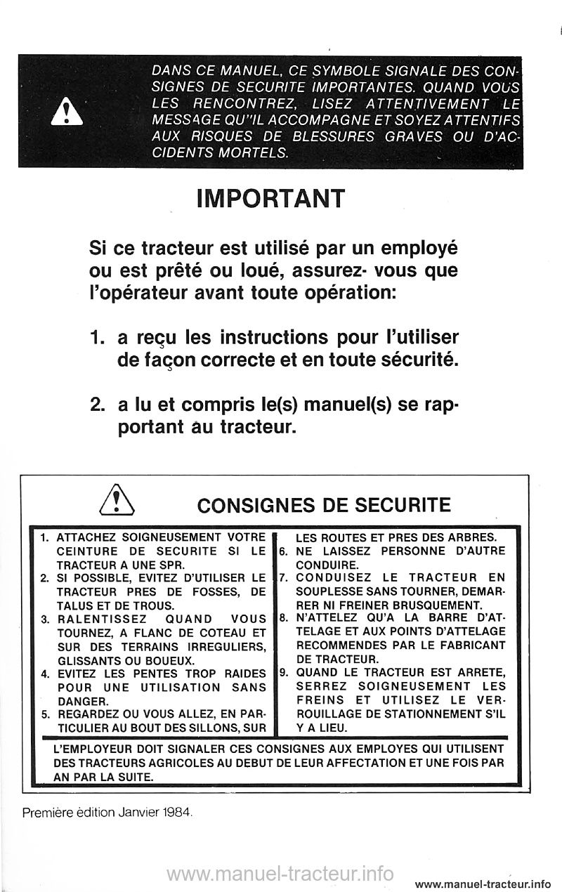 Page 1 du sommaire - Manuel de l'opérateur CASE 1294