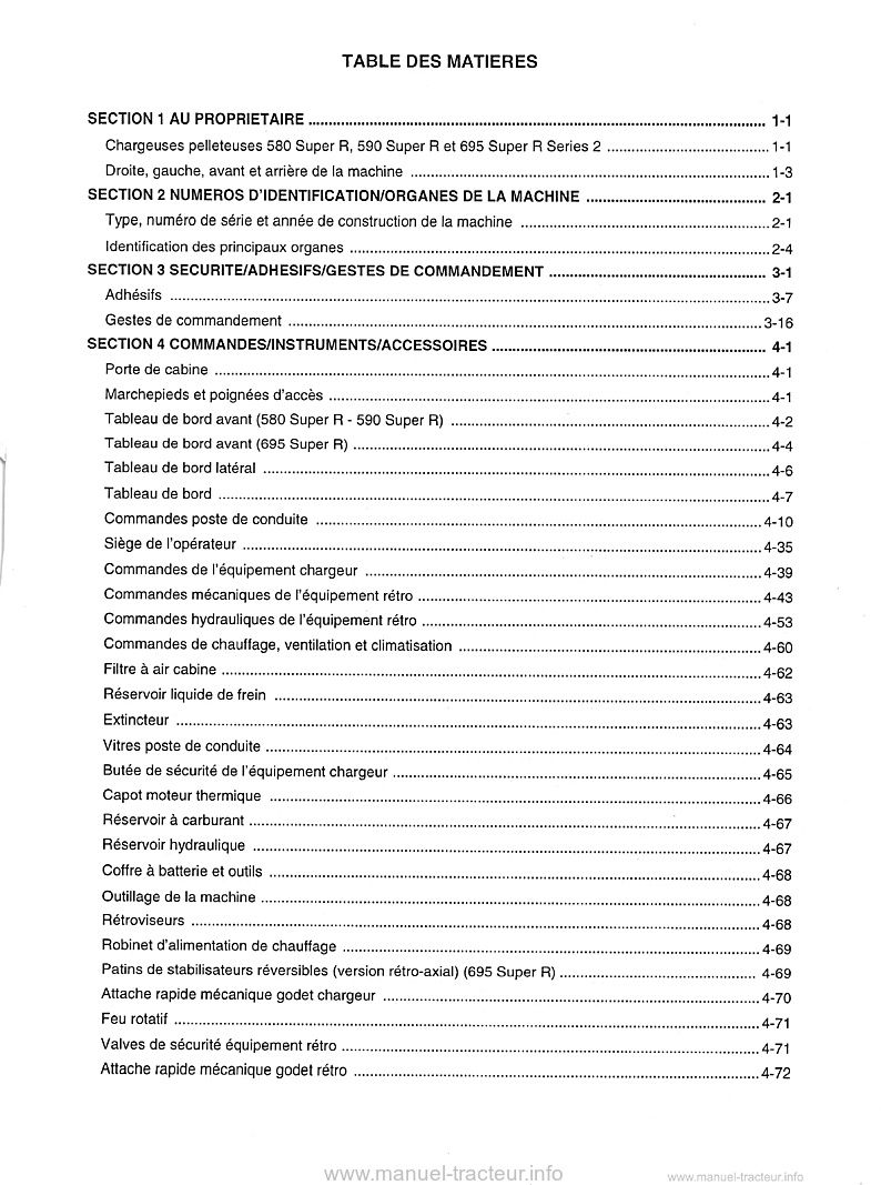 Troisième page du Manuel opérateur chargeuse pelleteuse CASE 580 590 695 SUPER R SR