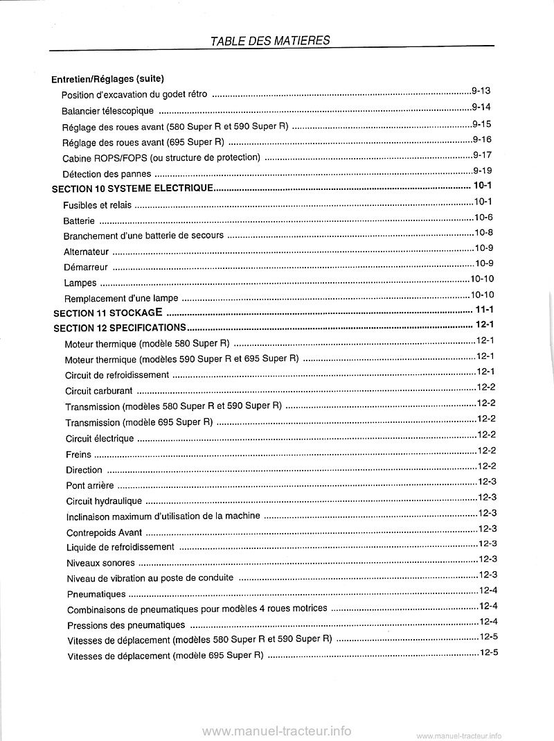 Sixième page du Manuel opérateur chargeuse pelleteuse CASE 580 590 695 SUPER R SR