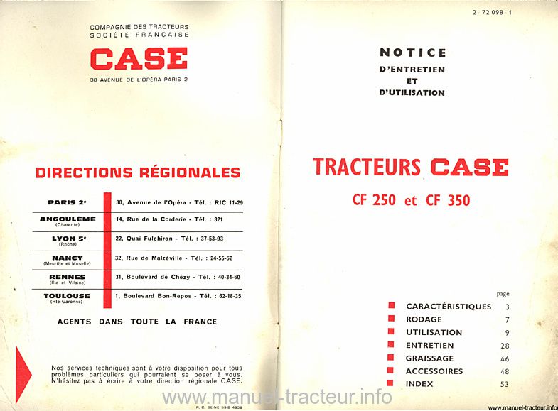 Page 1 du sommaire - Notice d'entretien CASE CF 250 350