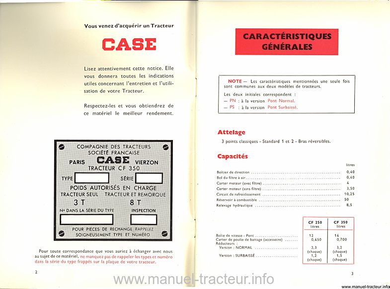 Page 2 du manuel d'atelier - Notice d'entretien CASE CF 250 350