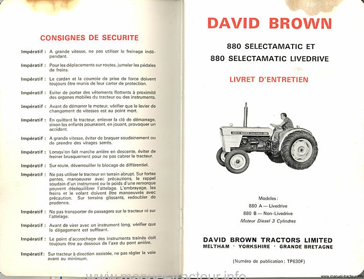 Deuxième page du Livret instructions DAVID BROWN 880 Selectamatic  Livedrive