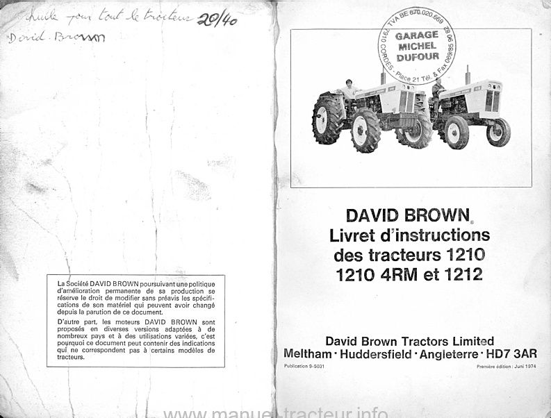 Page 1 du sommaire - Livret d'instructions tracteurs david brown 1210 4RM et 1212