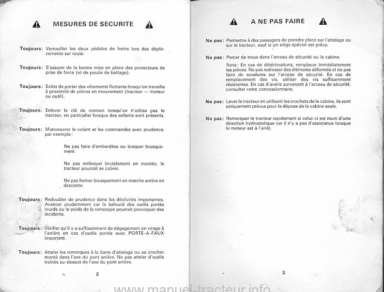 Page 2 du manuel d'atelier - Livret d'instructions tracteurs david brown 1210 4RM et 1212