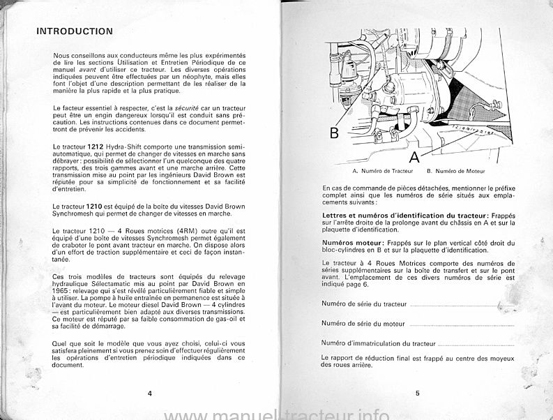 Extrait du guide de réparation - Livret d'instructions tracteurs david brown 1210 4RM et 1212