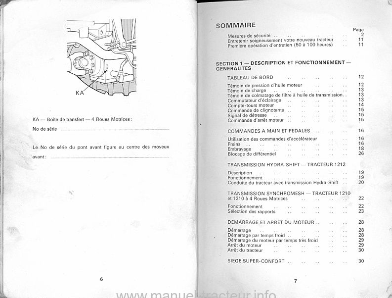 Extrait de la notice technique - Livret d'instructions tracteurs david brown 1210 4RM et 1212