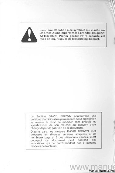 Page 1 du sommaire - Livret d'instructions tracteurs david brown 1210, 1210 4WD, 1212, 1410, 1410 4WD, 1412