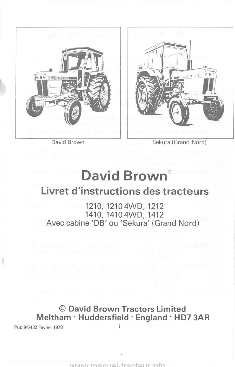 Page 2 du manuel d'atelier - Livret d'instructions tracteurs david brown 1210, 1210 4WD, 1212, 1410, 1410 4WD, 1412